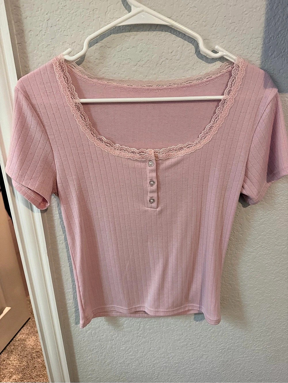 Ribbed Lace Trim Henley Top in Pink Size Small